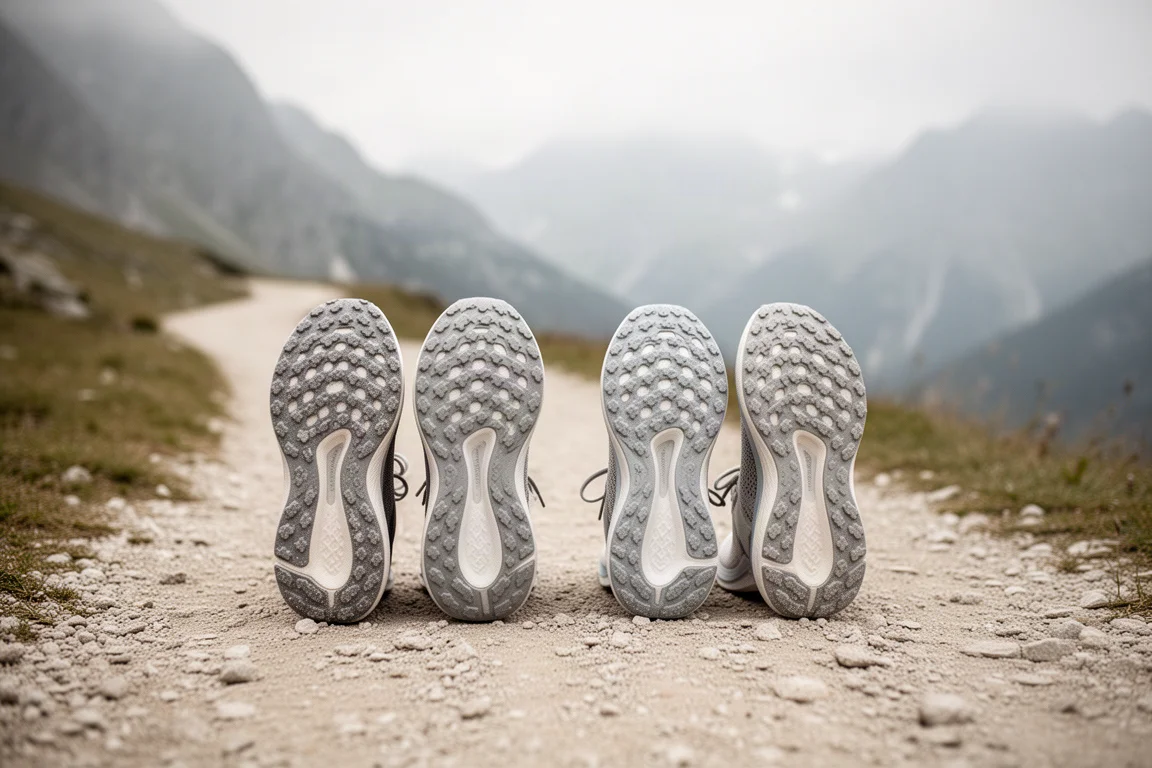 Zapatillas de trail y de gravel lado a lado sobre terreno de gravilla