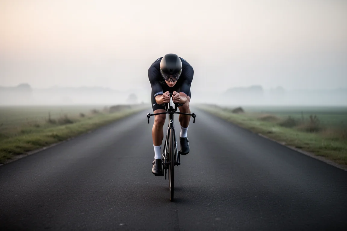 Cyclist in an aerodynamic tuck riding a time trial bike on a straight road at dawn