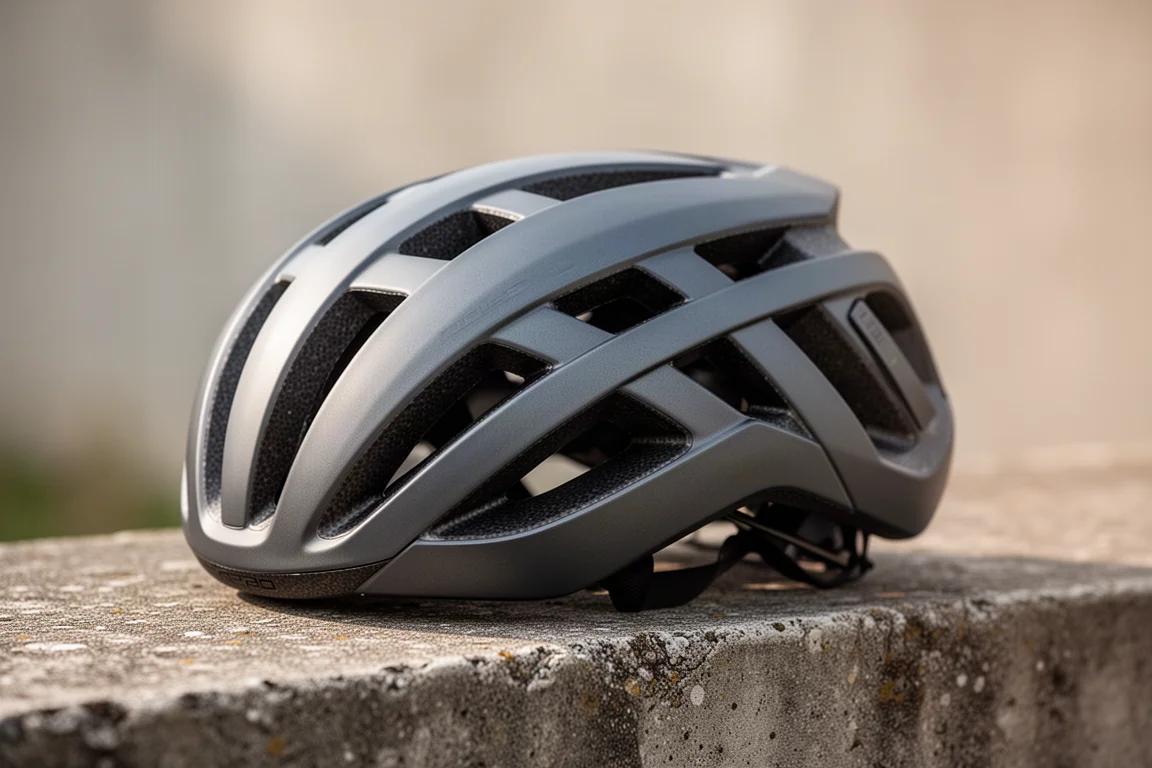 Close-up of vent channels on a matte aero road helmet resting on a concrete ledge