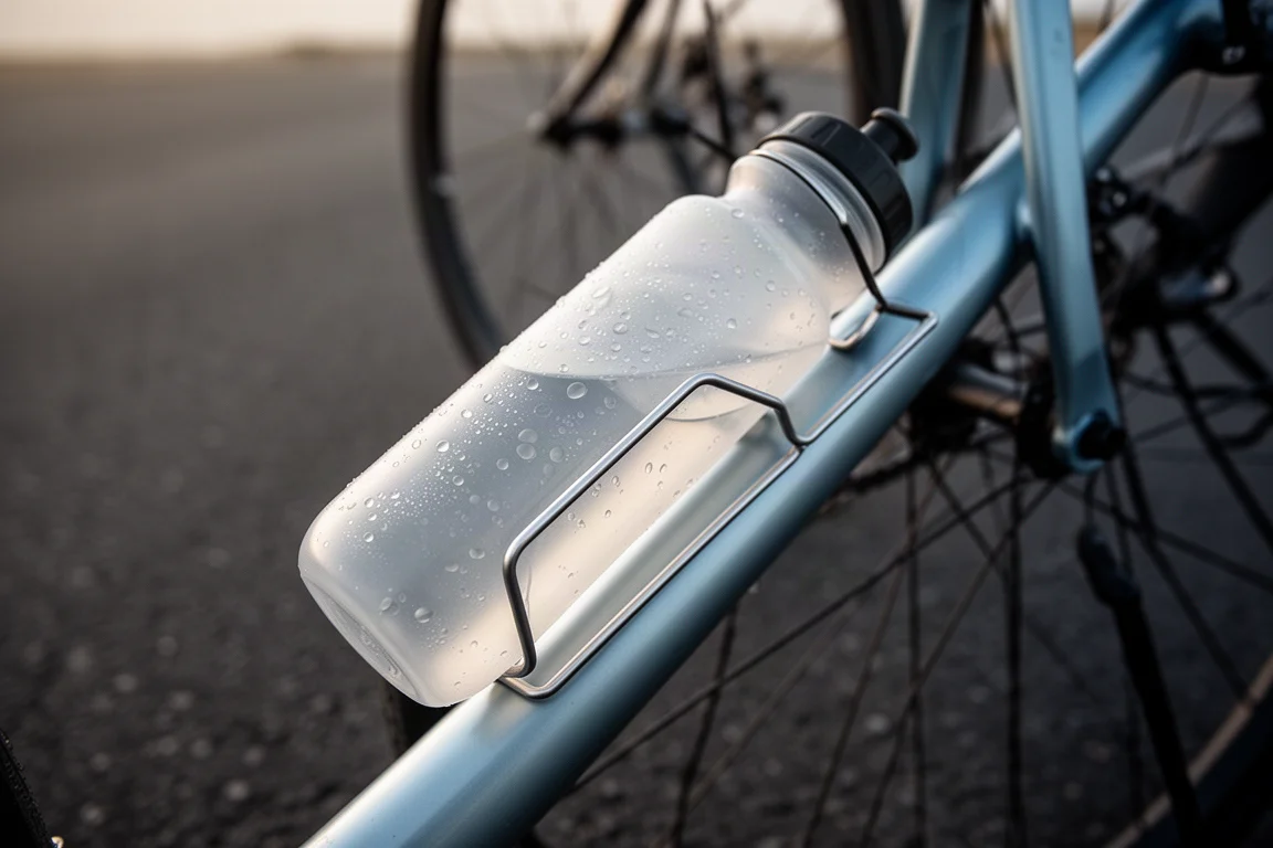 Translucent aero bottle mounted on a bicycle down tube with water droplets