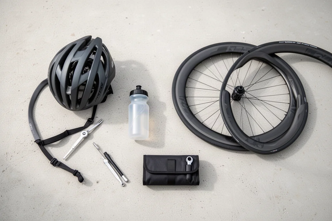 Overhead flat-lay of aero cycling equipment on a pale concrete surface