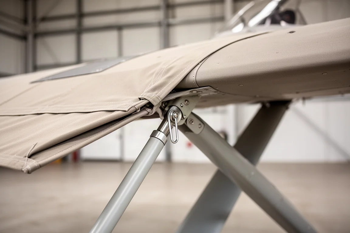 Detail einer gefalteten Tragfläche eines Leichtflugzeugs mit freiliegender Holmstruktur und Bolzenbeschlägen