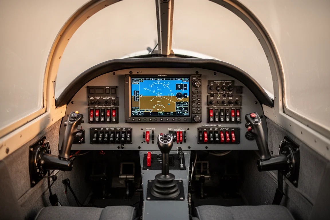Cockpit-Instrumententafel mit Sieben-Zoll-Avionikdisplay, Schaltern und Schubhebel