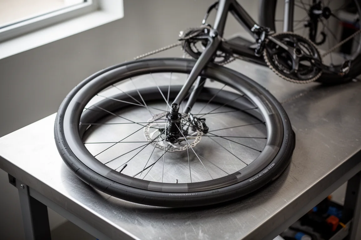 Close-up of a wide road tire seated in a deep-section carbon rim on a workshop bench
