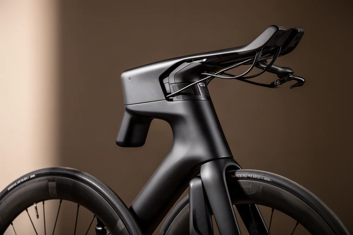 Front end of an aero road bike with an oversized head tube and integrated cockpit