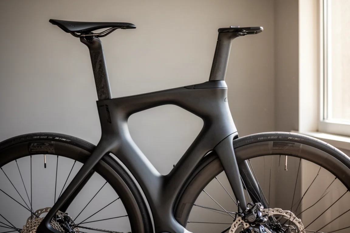 Seat tube of an aero road bike showing a kite-shaped opening above the rear wheel