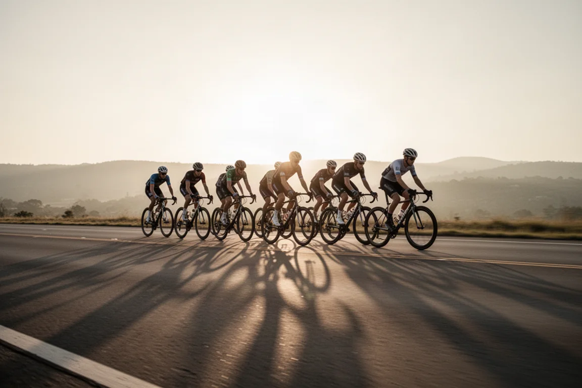 Group of cyclists riding in a paceline on an open road at golden hour