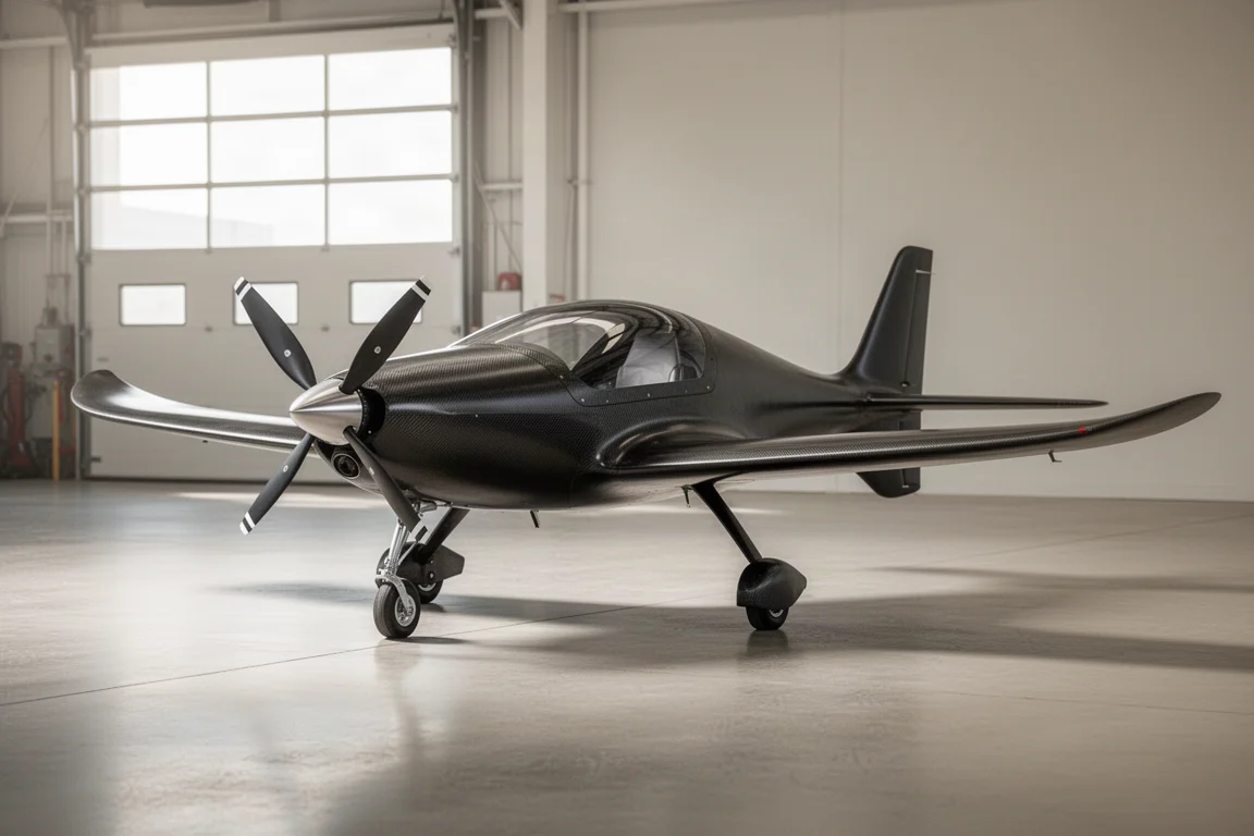 Enkelsitsigt experimentflygplan i kolfiber med trefbladig propeller i en ljus hangar