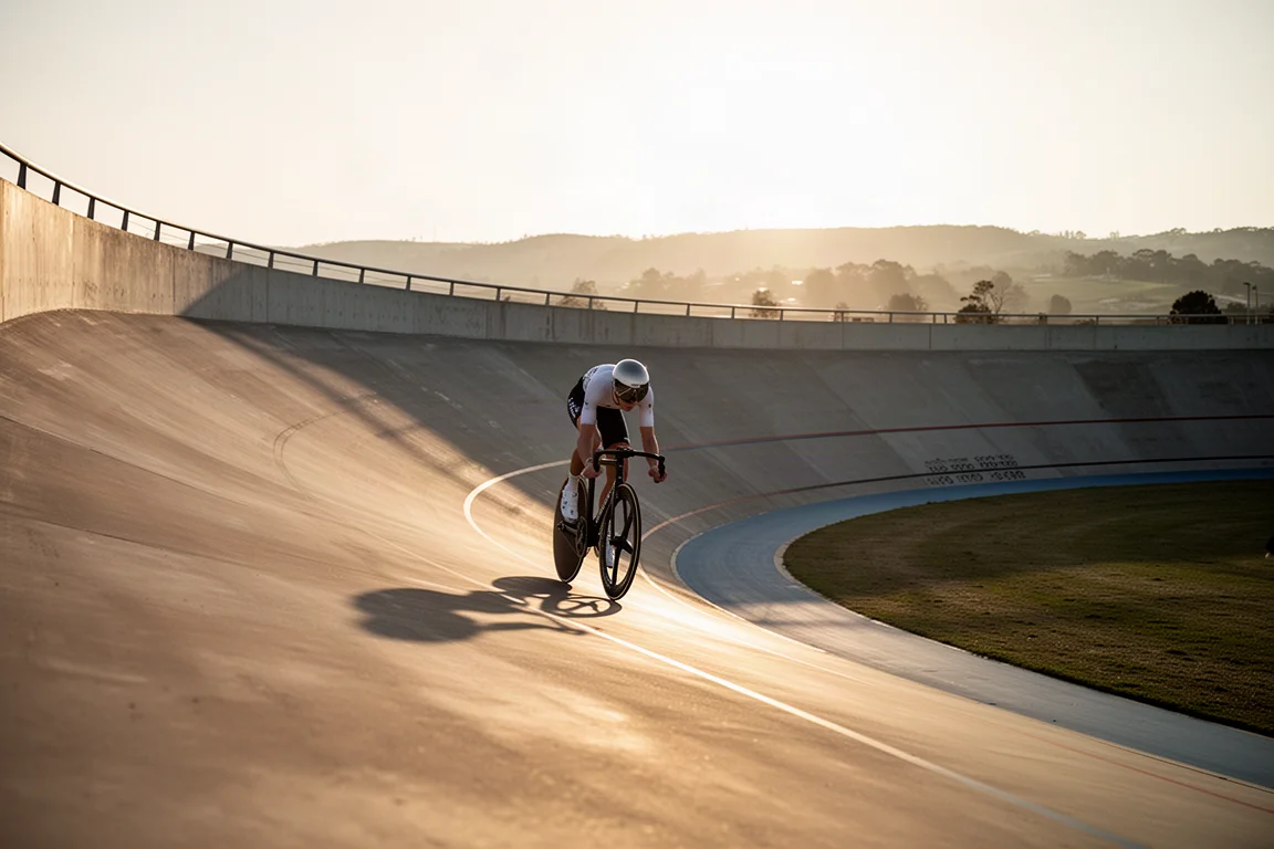 Radfahrer fährt Runden auf einer Outdoor-Radrennbahn zur goldenen Stunde