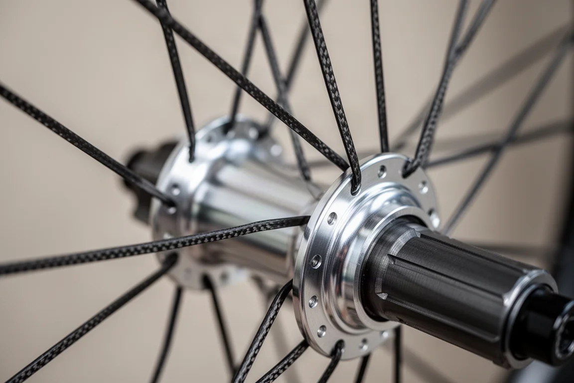Nahaufnahme dünner Carbonspeichen, die in einen Fahrradnabe-Flansch eingespeicht sind