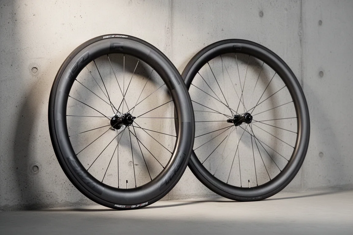 2組のカーボンロードバイク用ホイールセット、深いリムのエアロと浅いリムの軽量モデルをコンクリートの上に並べて