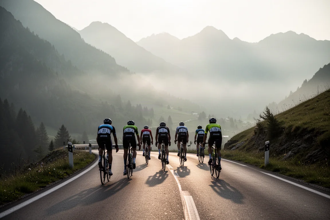 Gruppo di ciclisti su strada che sale un passo di montagna nella nebbia alle prime luci del mattino