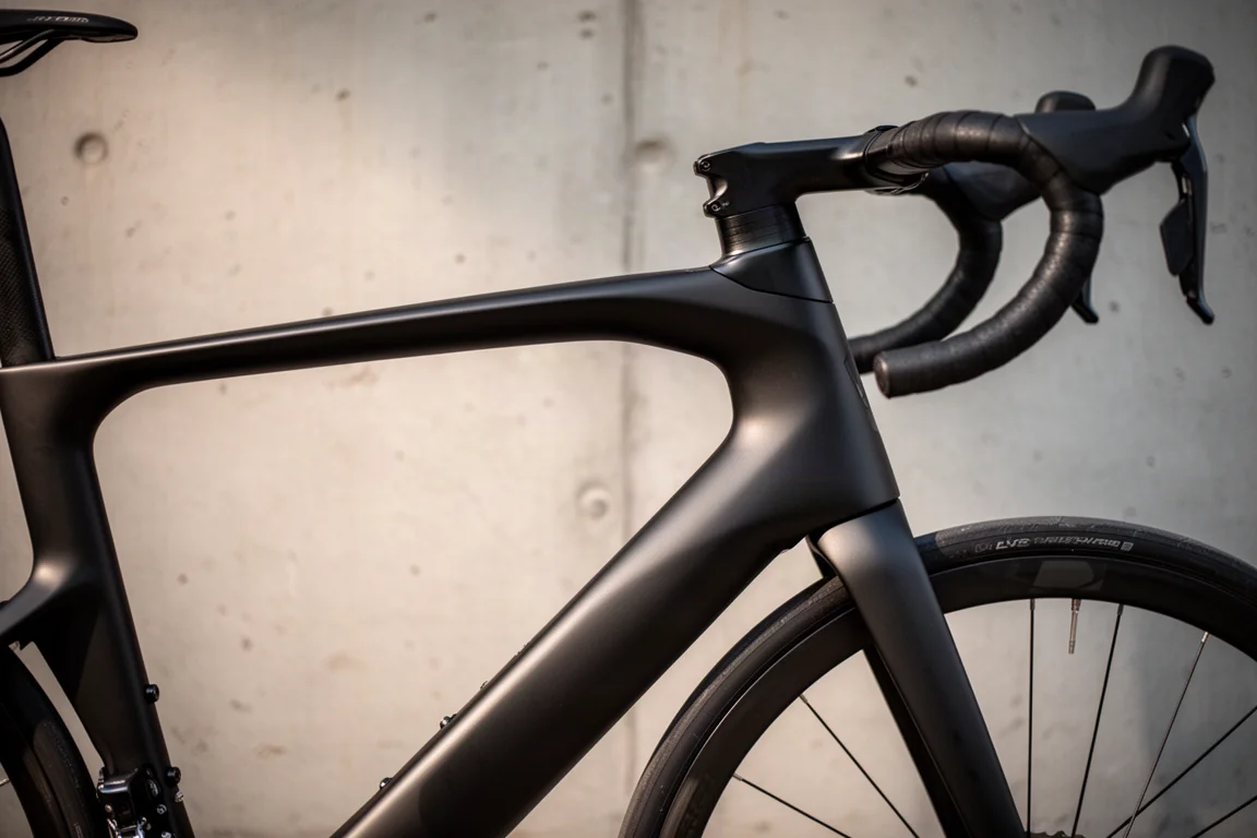 Primo piano del tubo obliquo aerodinamico profondo e della zona cockpit di una bici da strada