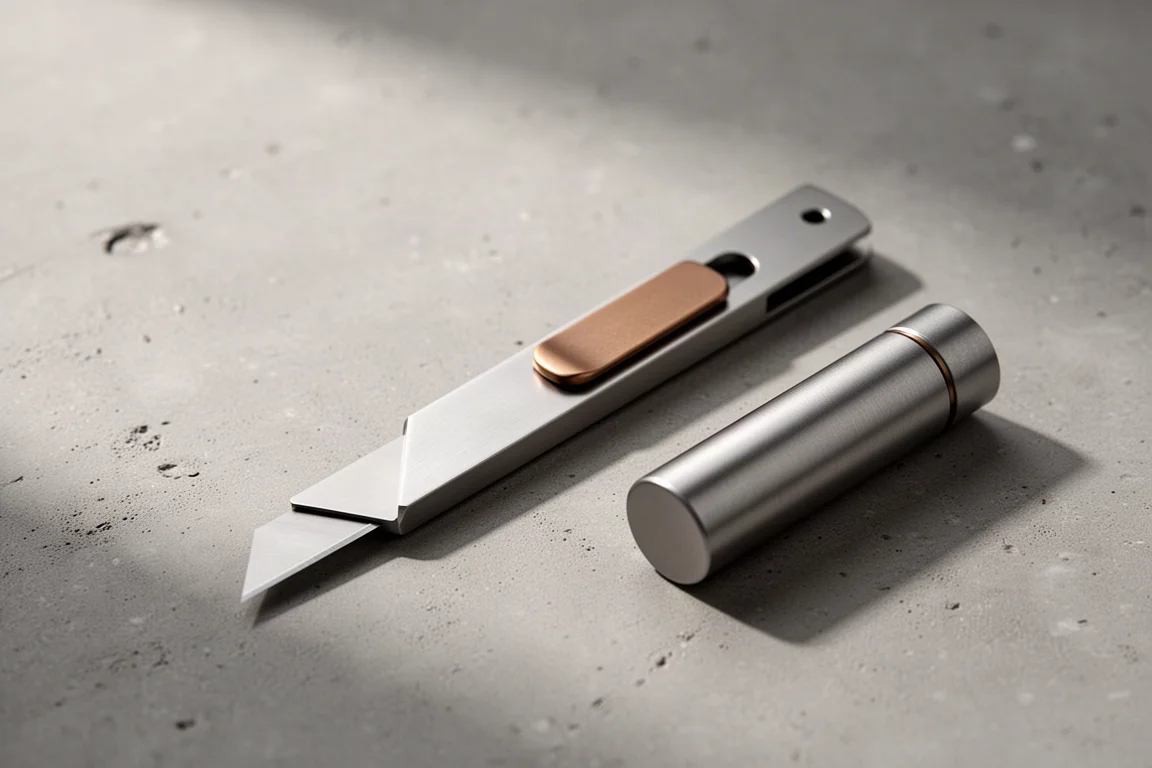 Een slanke titanium utilityknife ligt naast zijn kleine cilindrische opbergdoosje