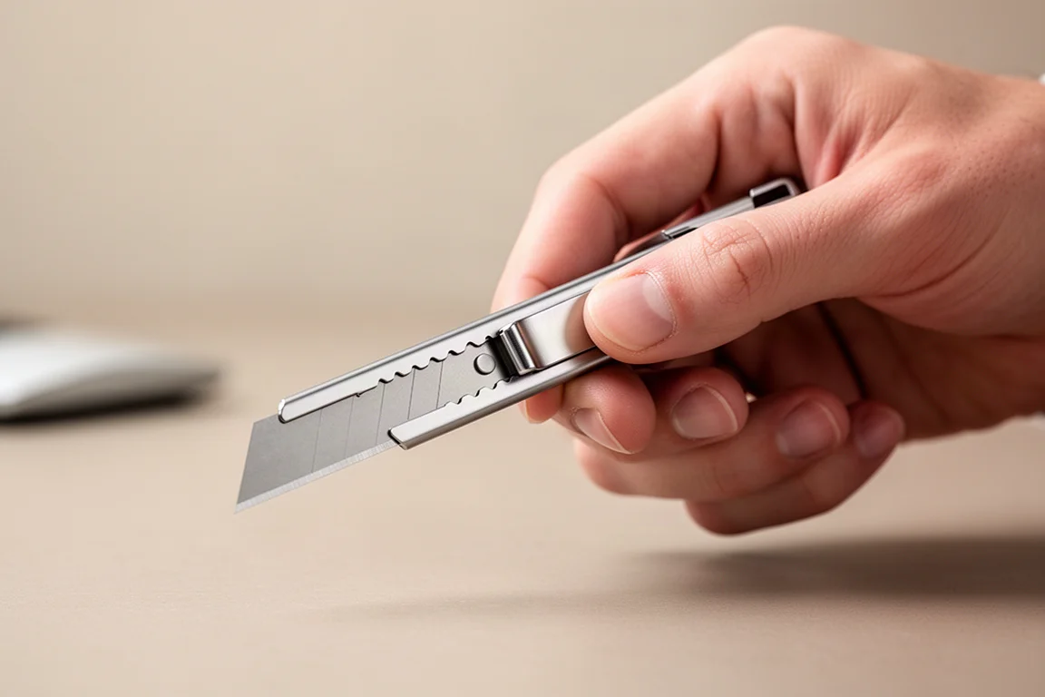 Een hand schuift een dunne utilityknife open om een vers mes bloot te leggen