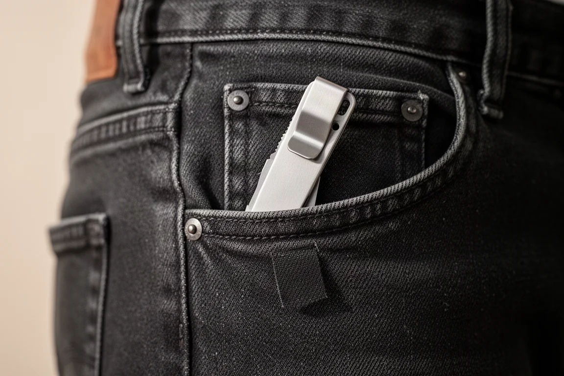 Een slanke utilityknife geklemd aan de rand van een broekzak, zonder zichtbare bult