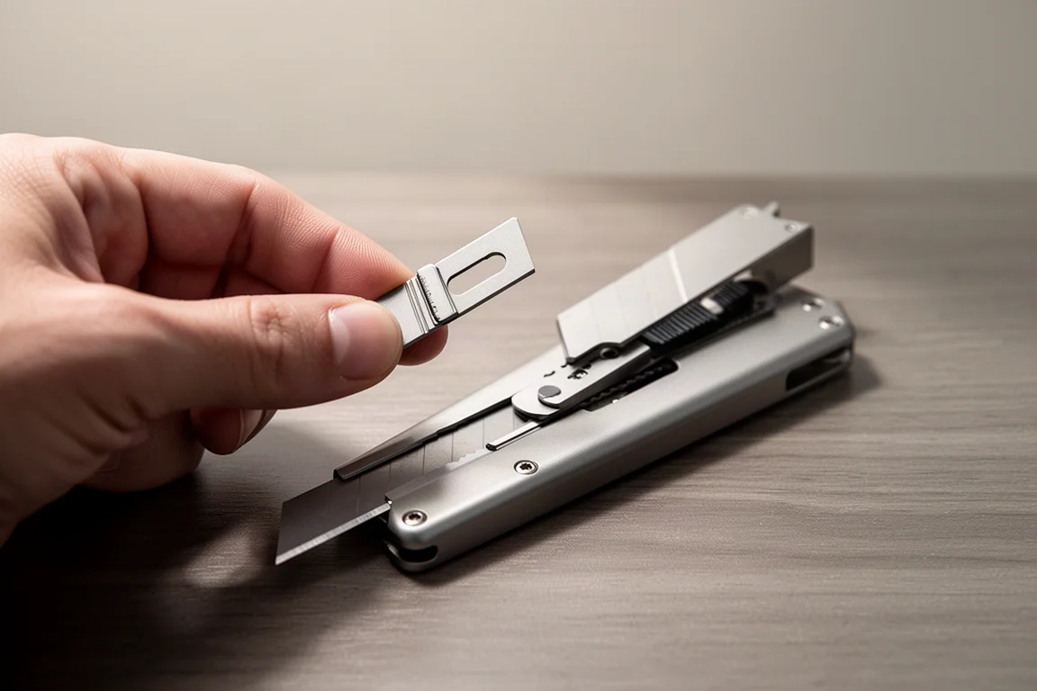Een hand houdt de losse slider en het mes vast, verwijderd uit een utilityknife tijdens een meswissel