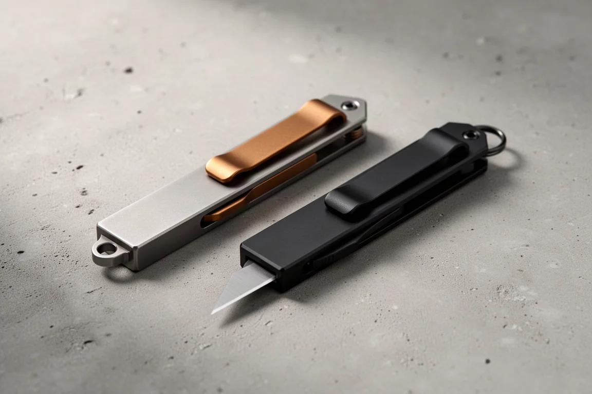 Twee slanke metalen utilityknives, één titanium met bronzen slider en één volledig zwart, op een betonnen ondergrond