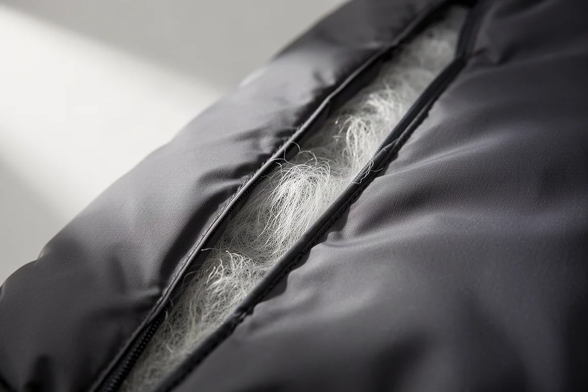 Close-up of quilted jacket channels revealing pale fibrous synthetic insulation
