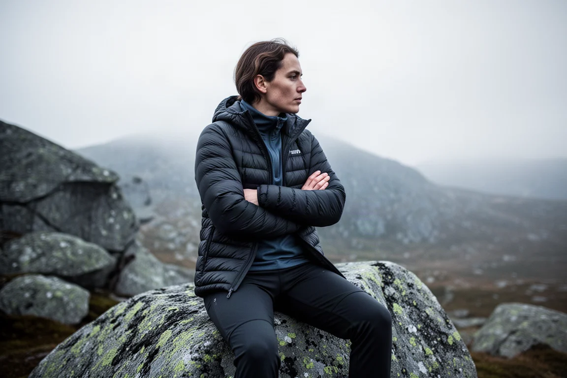 Person seated on a granite boulder in mountain shade wearing a thin dark jacket