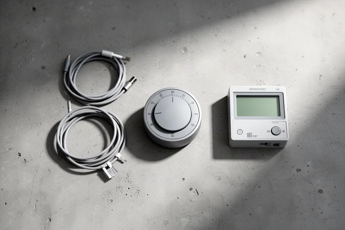 Overhead flat-lay of a thermostat dial, sensor cable and power meter on concrete