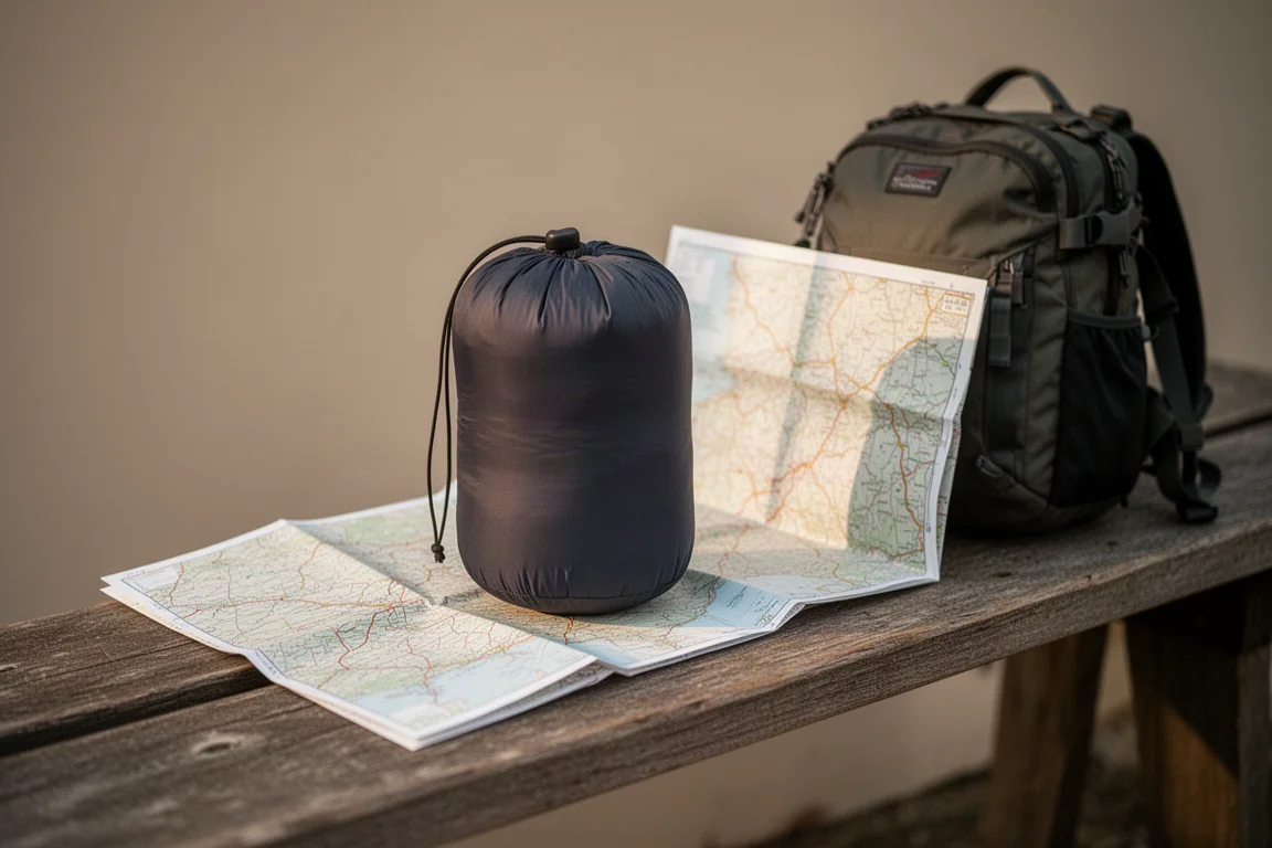 Thin insulated jacket compressed in a stuff sack on a wooden bench beside a daypack