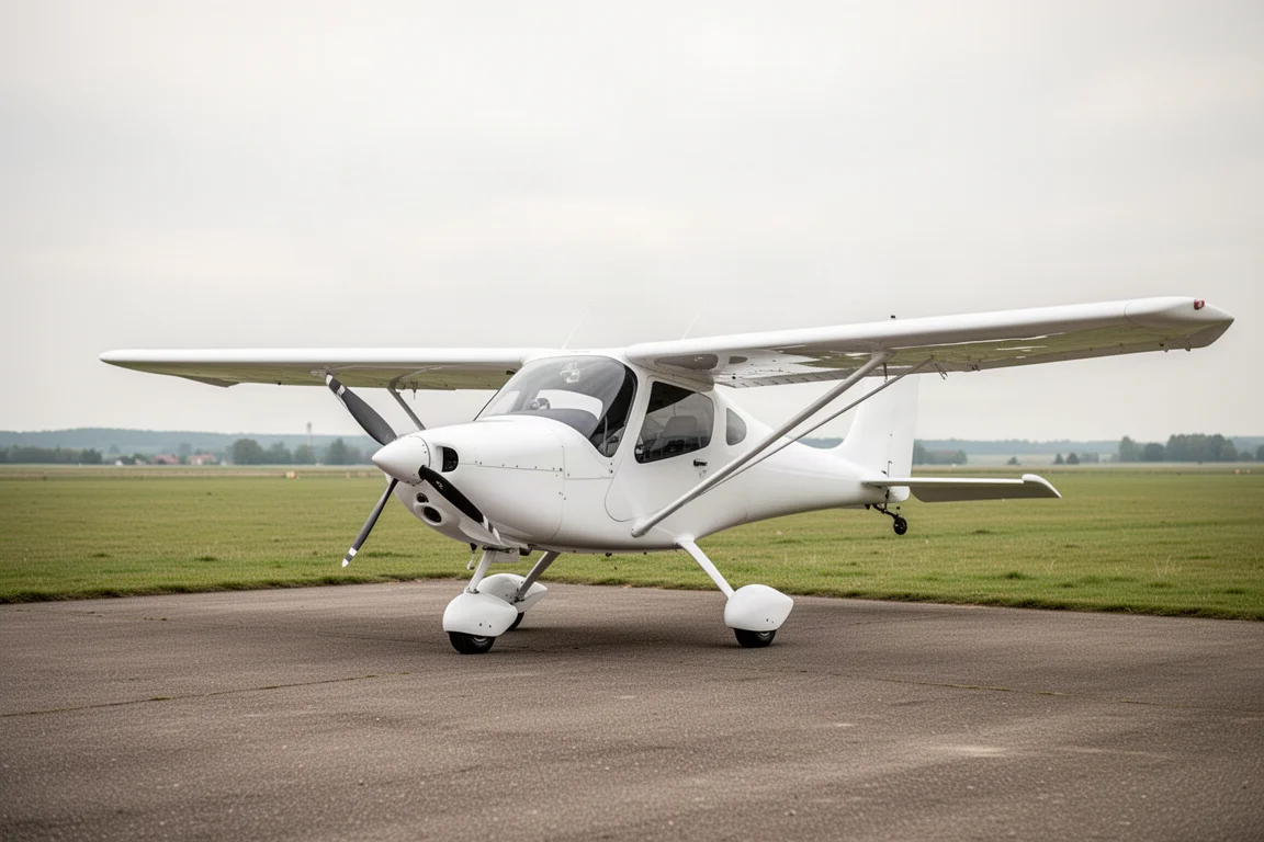 Zweisitziges Hochdecker-Leichtsportflugzeug geparkt auf dem Vorfeld eines ländlichen Flugplatzes bei weichem Tageslicht