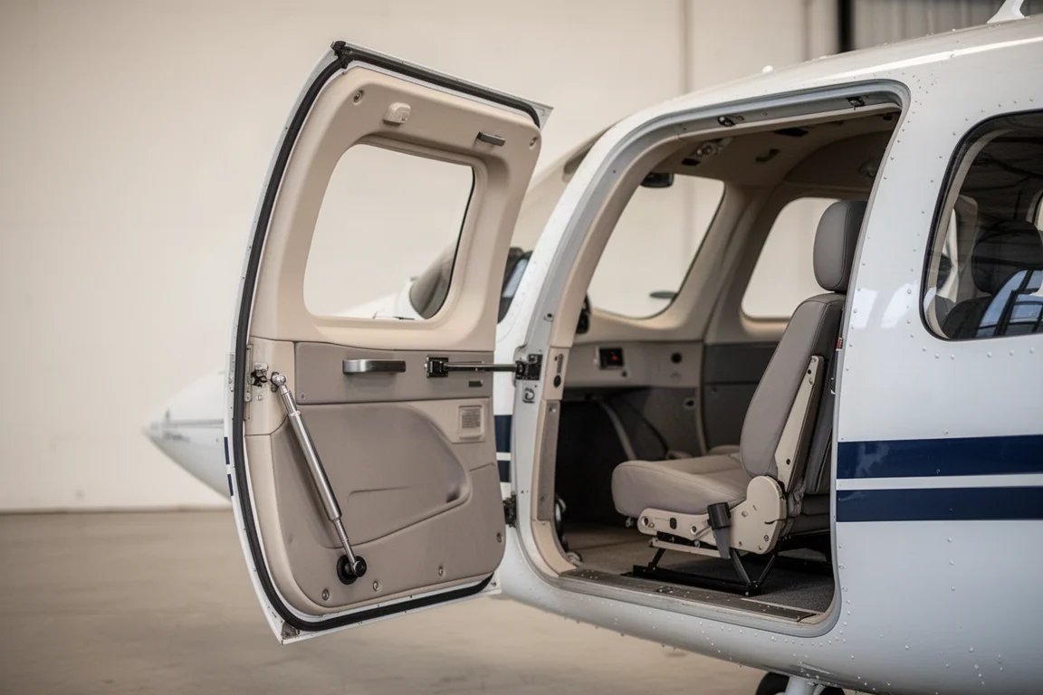 Nahaufnahme einer vollständig um 90 Grad geöffneten Kabinentür eines Leichtsportflugzeugs