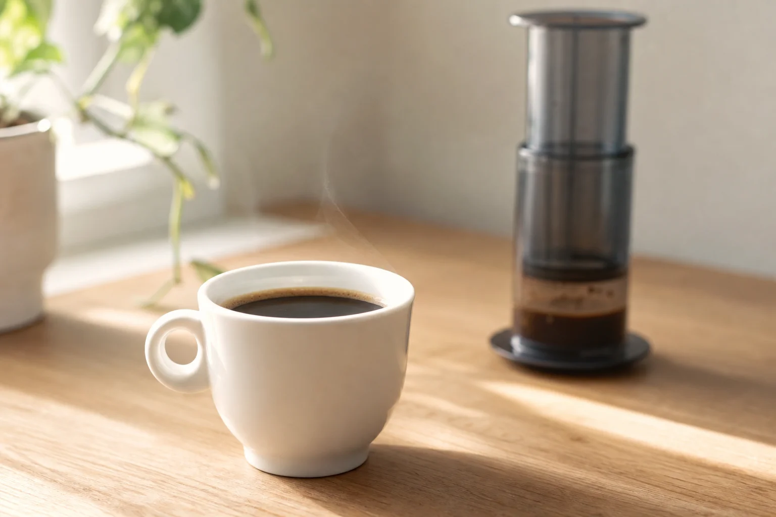 Freshly brewed coffee in cup with AeroPress visible in background