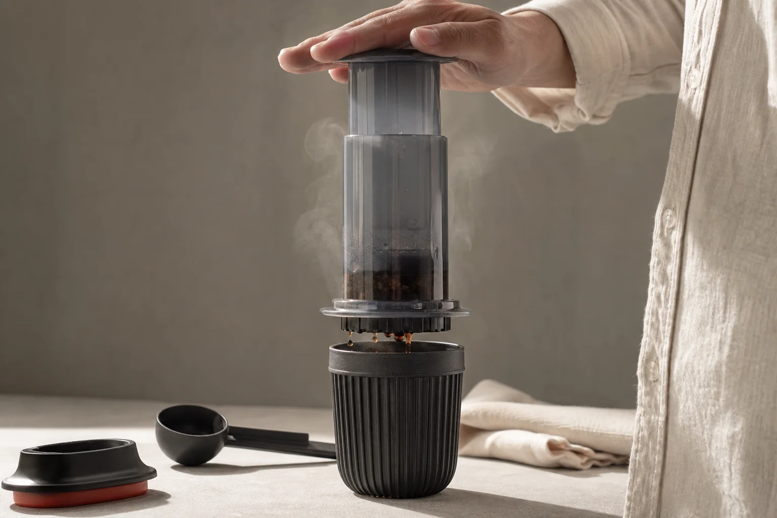 Brewed coffee in the Aeropress Go integrated cup after pressing