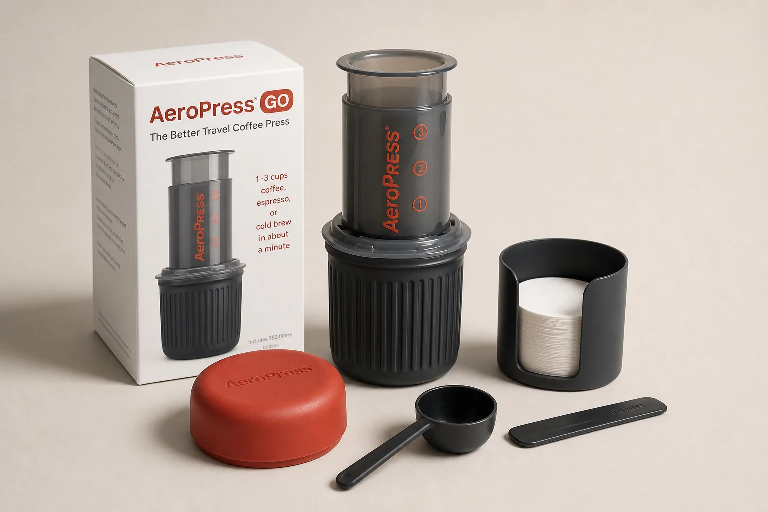 Aeropress Go complete travel coffee set with red lid and integrated cup