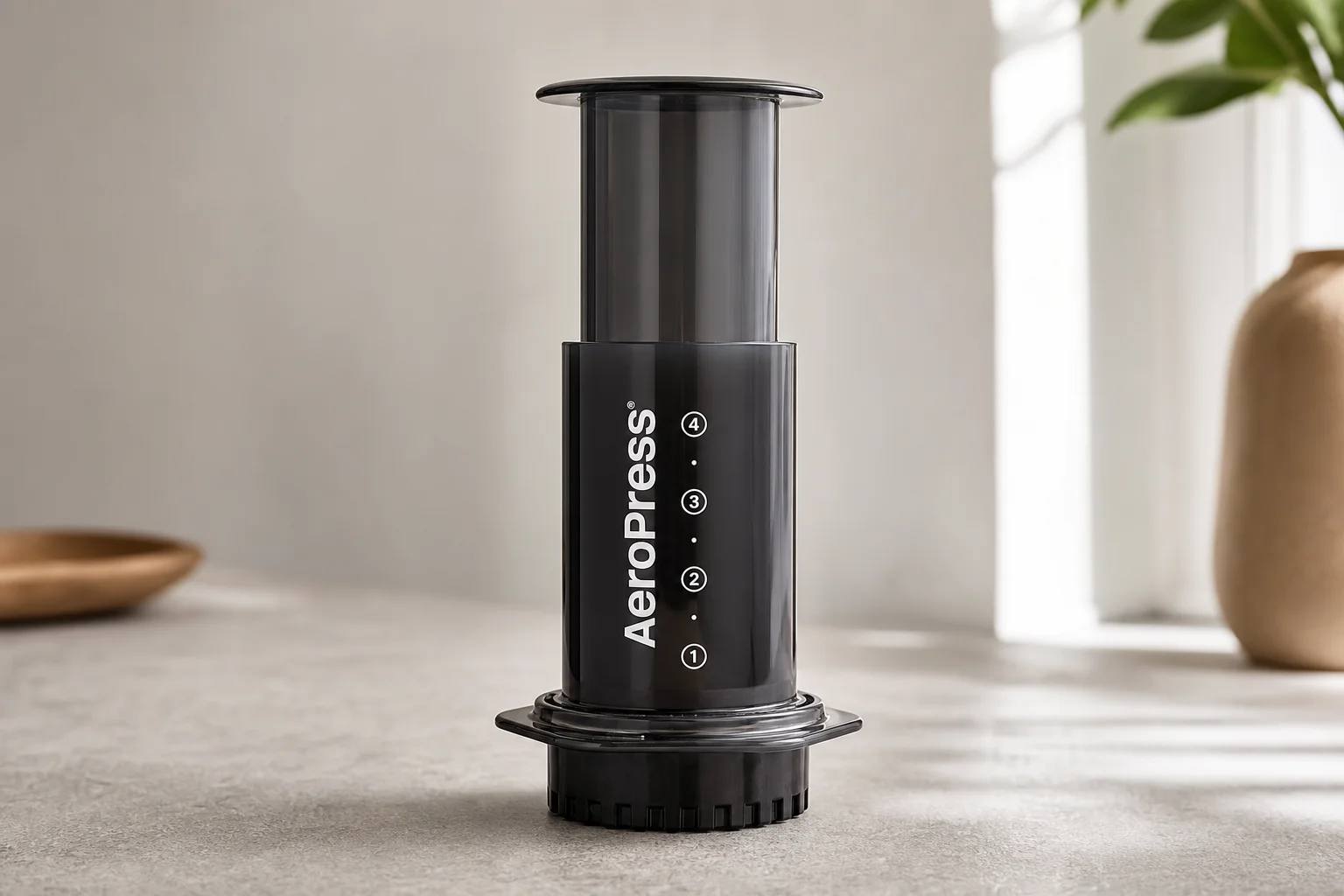 Five French press coffee makers arranged on concrete: Bodum Chambord, AeroPress Original, Mueller, Cafe Du Chateau, and AeroPress Clear