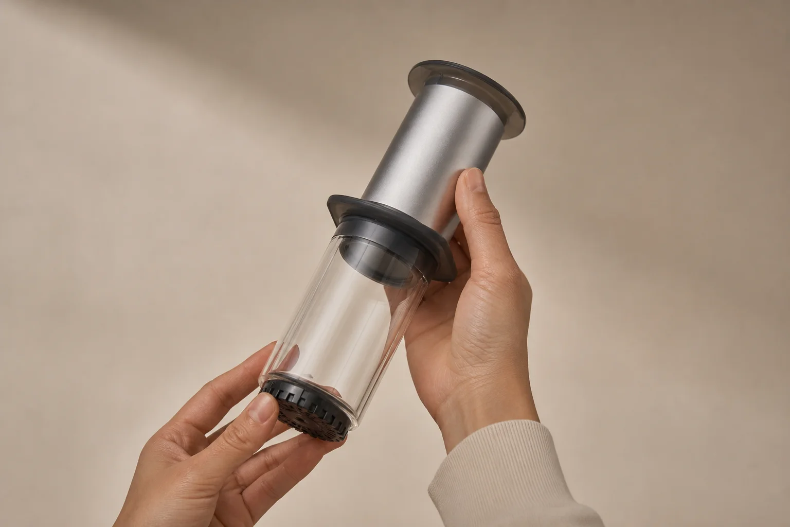 Hands holding the AeroPress Premium brewer with glass chamber visible against a neutral background