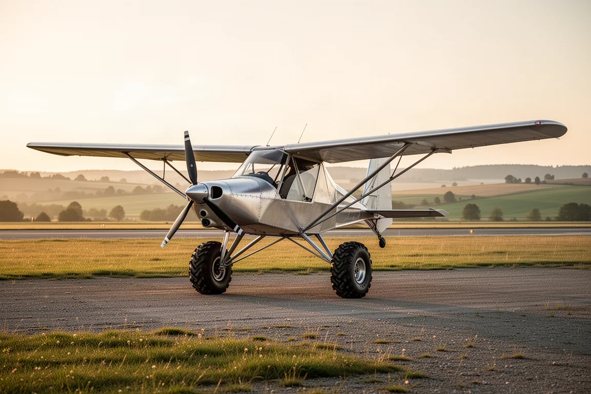 Light sport aircraft parcheggiato su un piccolo piazzale aeroportuale nella luce soffusa del mattino