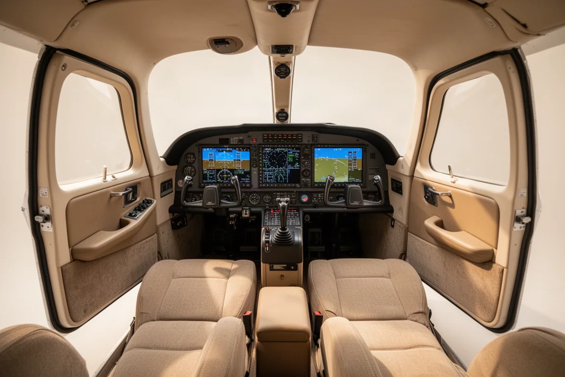 Interno spazioso di un light sport aircraft biposto con pannello glass cockpit