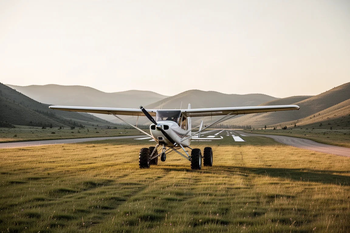 Pista di campagna con un aeroplano ad ala alta in configurazione per atterraggio su campo corto