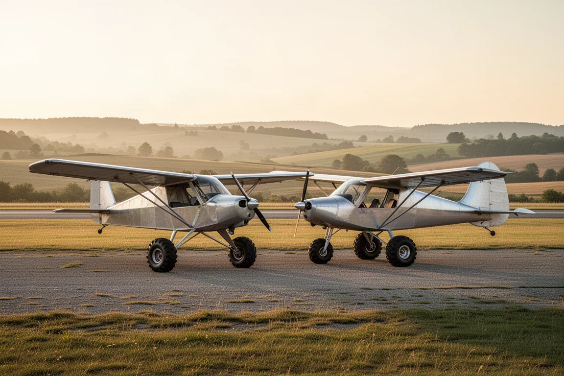 Aeropro A22 och A32, lätta sportflygplan parkerade sida vid sida på en ramp i gryningsljus