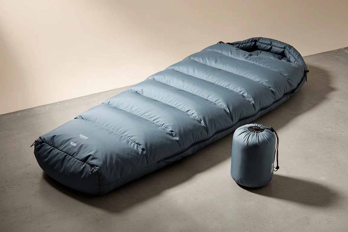 Charcoal mummy down sleeping bag laid open on a matte concrete surface with a sleeping pad