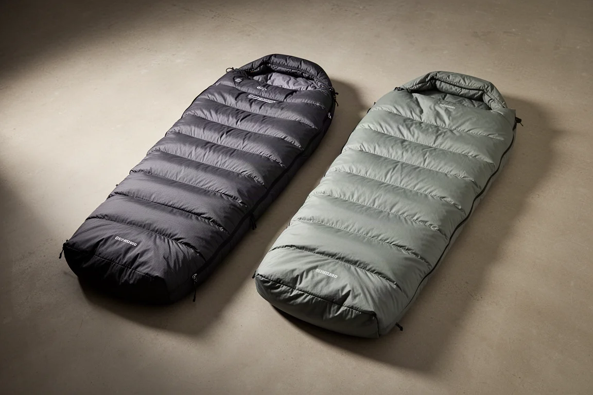 Two mummy-style down sleeping bags laid side by side on a matte concrete floor