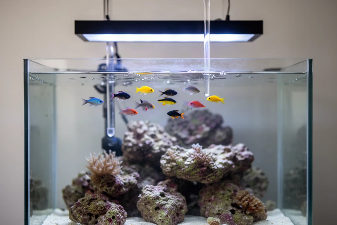 Aquarium marin avec de petits poissons rassemblés près du tube de sortie transparent du distributeur