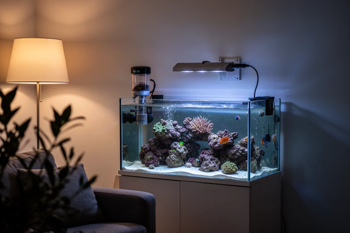 Aquarium de salon au crépuscule avec un distributeur fixé au-dessus du rebord