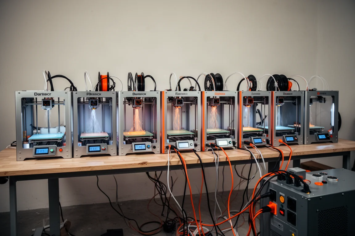 Draagbaar krachtstation dat een complete rij 3D-printers in een studio van stroom voorziet