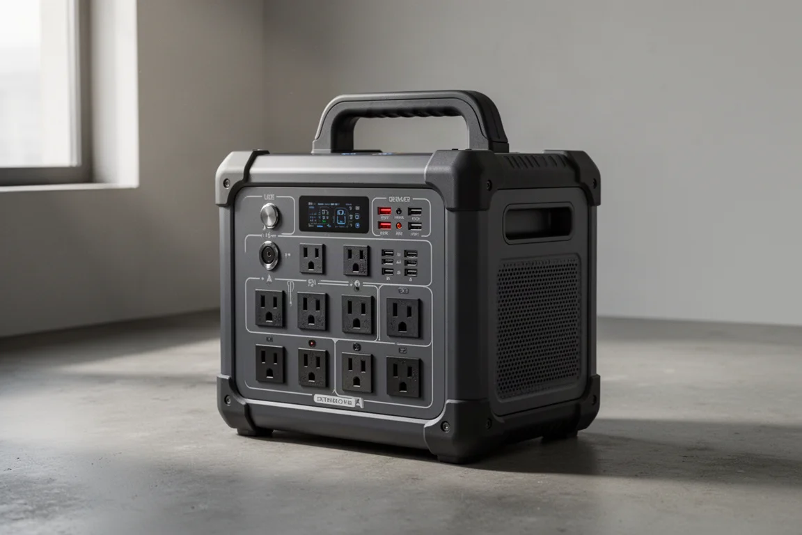 Large portable power station with luggage handle and multiple outlets on concrete floor