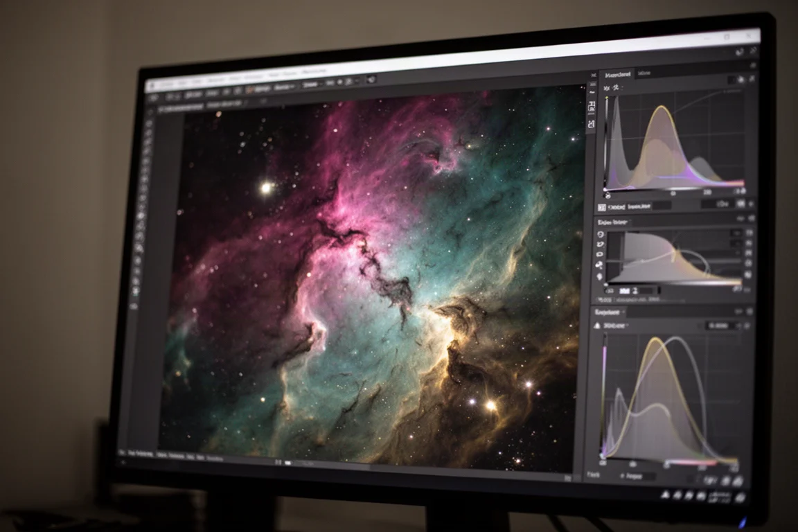 Nahaufnahme gestapelter Astrofotografie-Aufnahmen mit freigelegten Nebeldetails