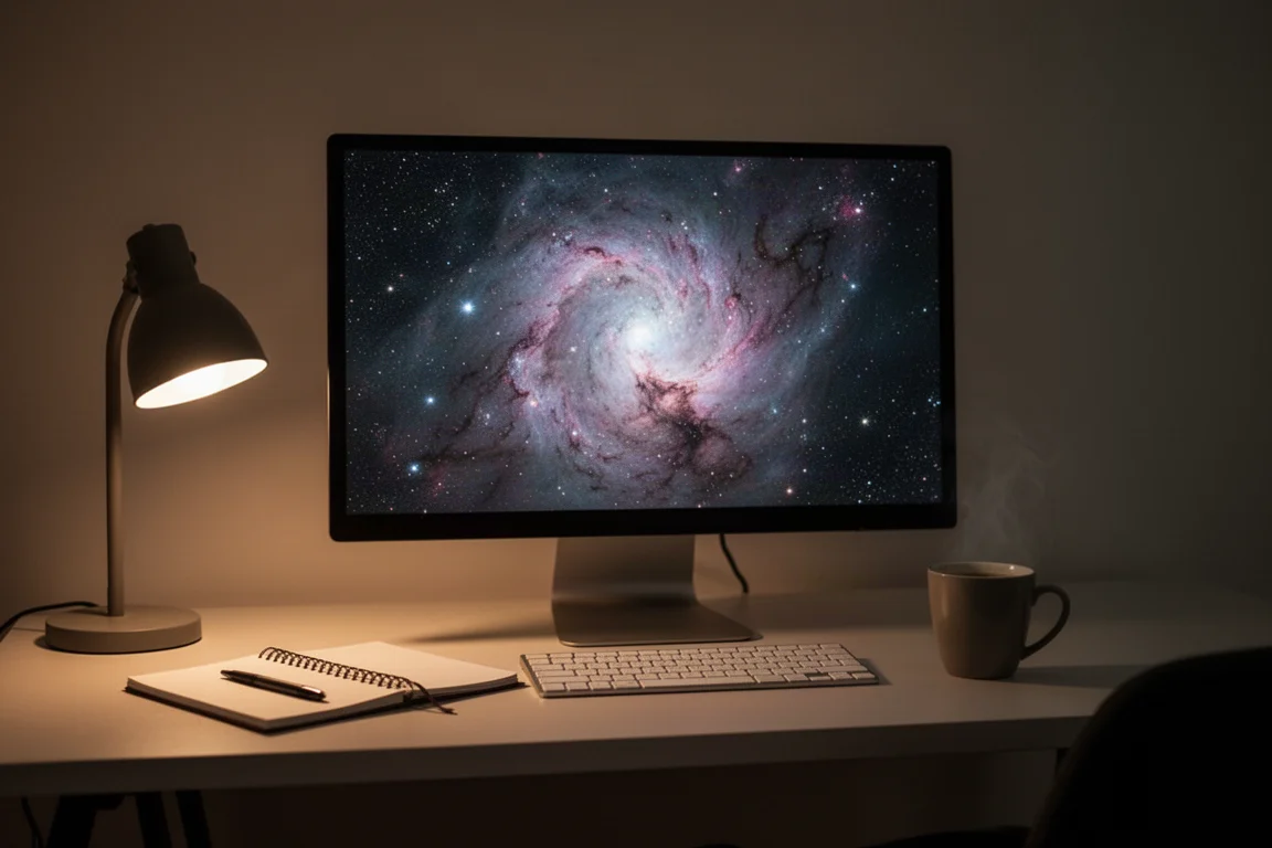 Bearbeitungsplatz bei Nacht mit einem Monitor, der ein fertiges Nebelbild zeigt