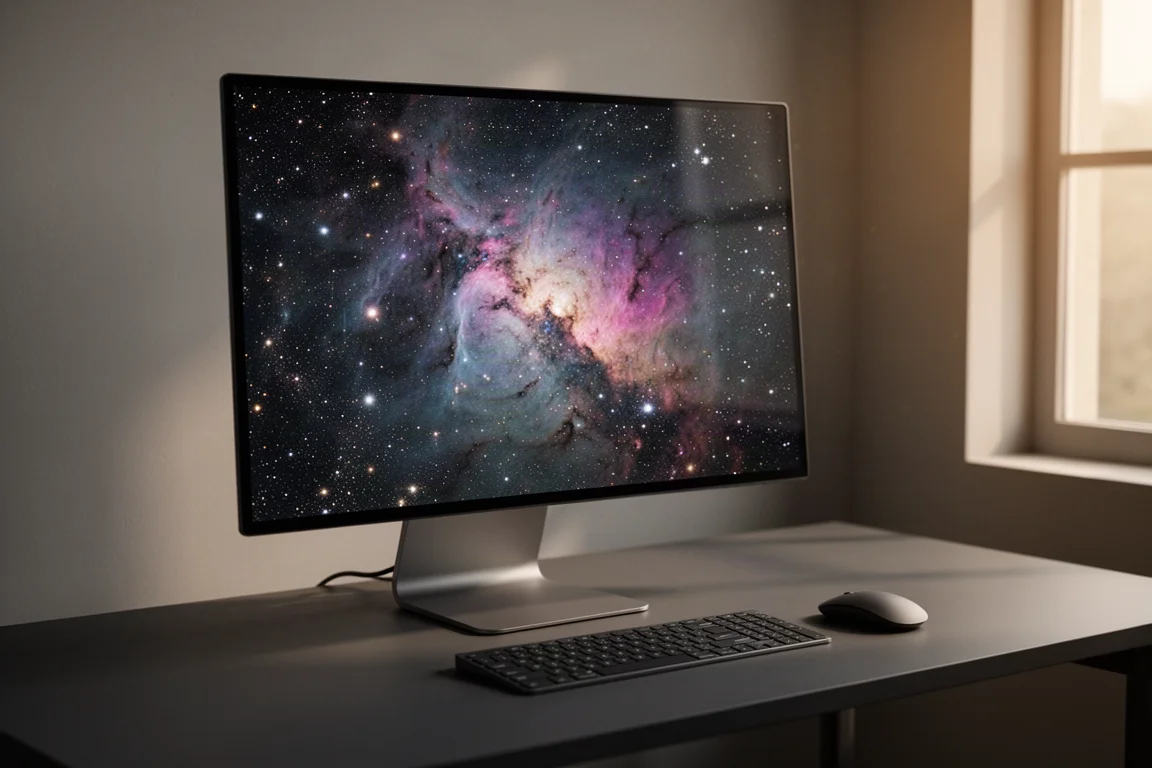 Desktop monitor on a minimal desk displaying a colorful deep sky nebula image