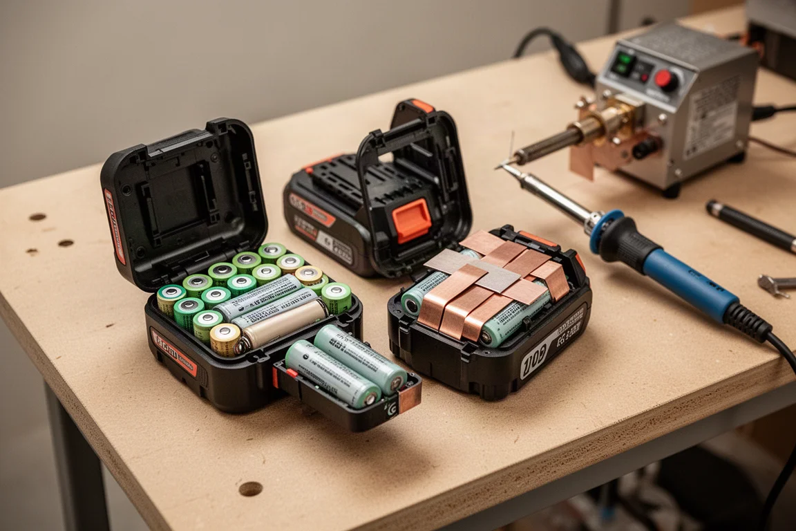 Een werkbank met geopende accupacks waar opgeladen 18650-cellen zichtbaar zijn