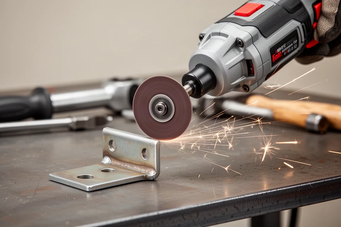Haakse slijpmachine in werking op een metalen oppervlak, met vonken en werkplaatsverlichting
