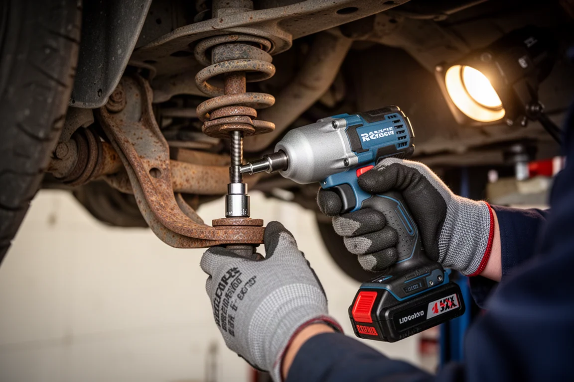 Compacte impact schroevendraaier die een bout losmaakt van een ophangingscomponent van een auto
