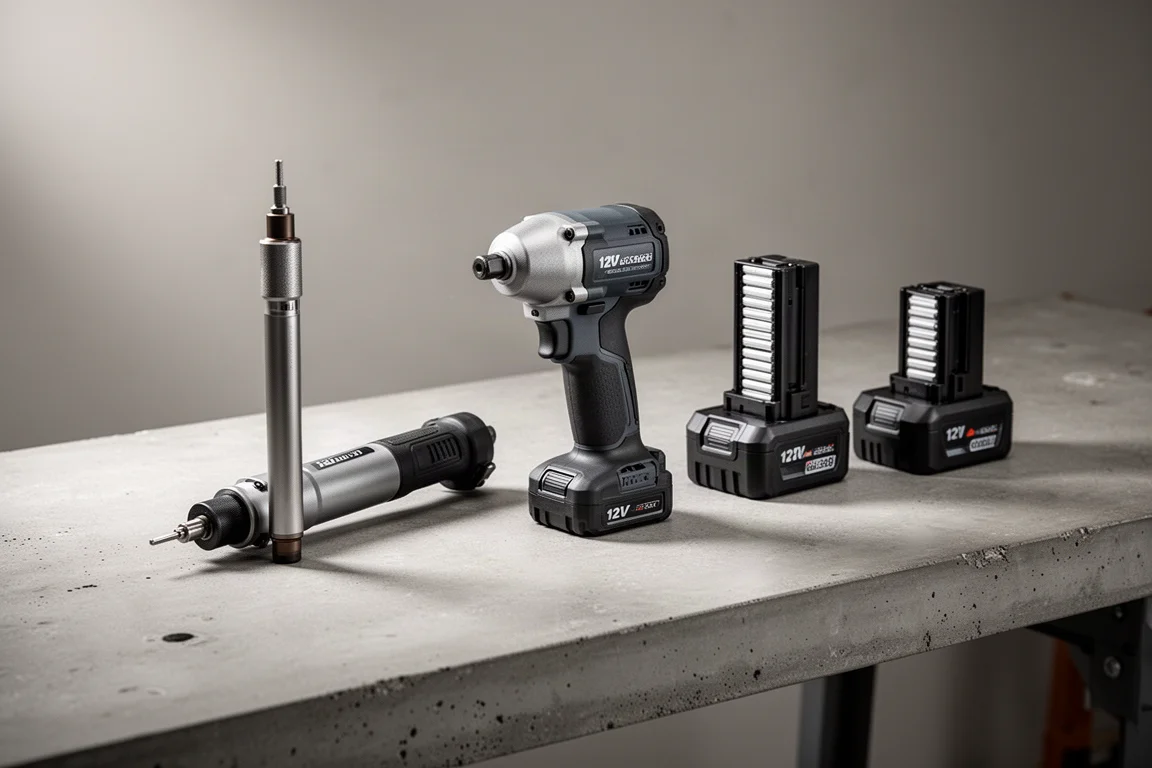 Compact 12V cordless die grinder, stubby impact wrench and battery packs on a concrete workbench